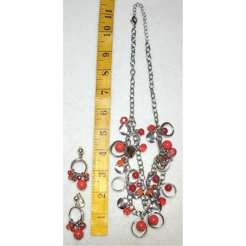 Red Glass Beaded Statement Necklace Clip On Earrings Set Multistrand Silvertone